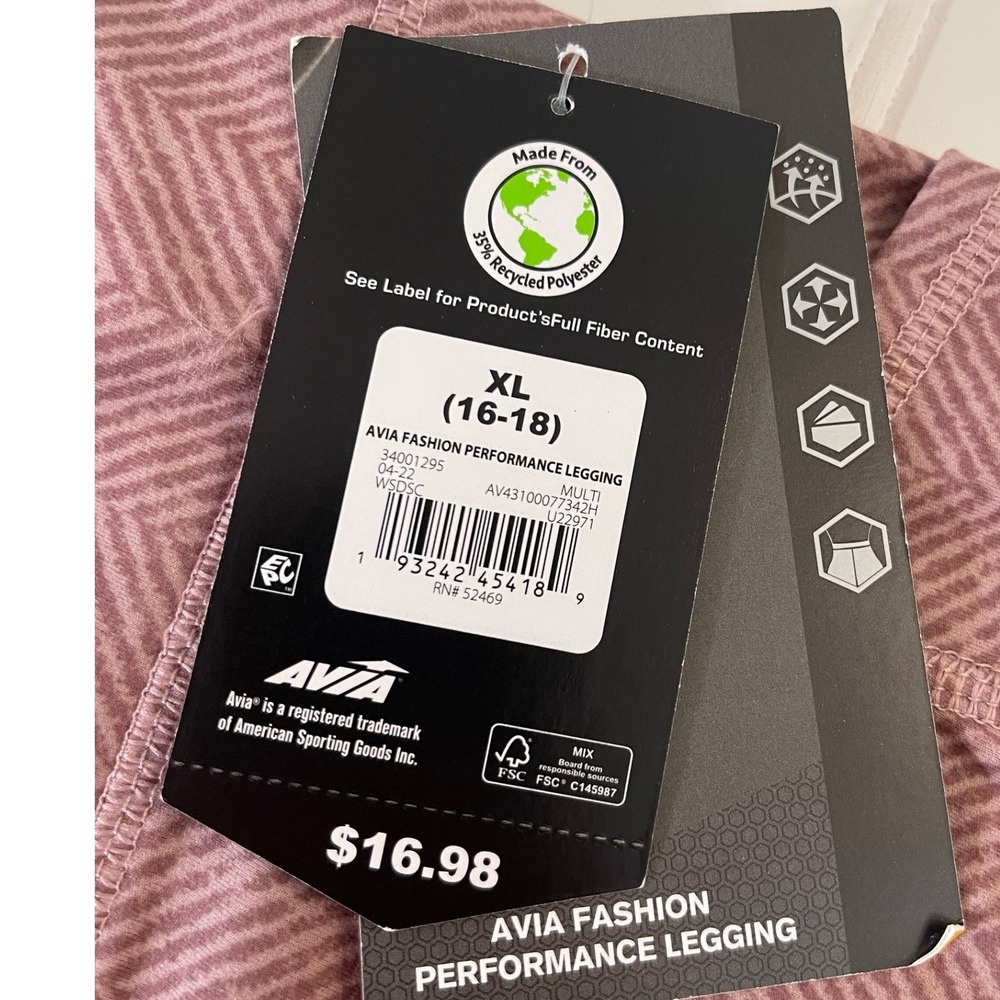 NWT Avia Womens Performance Leggings XL 16-18 Pink Herringbone High Waist - Picture 2 of 7